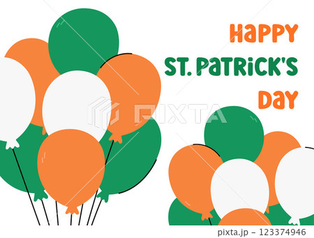 Happy St Patricks Day vector illustration. Cute colorful balloons bunch in traditional Irish colors green, orange and white. Saint Patrick Day celebration March 17 horizontal greeting card, poster Happy St Patricks Day vector illustration. Cute colorful balloons bunch in traditional Irish colors green, orange and white. Saint Patrick Day celebration March 17 horizontal greeting card, poster 123374946