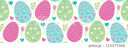 Easter seamless pattern floral and geometric patterned eggs. Festive background for invitations. Suitable for greeting cards, banner, textiles, wallpapers. Vector flat illustration. Easter seamless pattern floral and geometric patterned eggs. Festive background for invitations. Suitable for greeting cards, banner, textiles, wallpapers. Vector flat illustration. 123375368