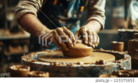 Close-up image of hands covered in clay, expertly molding a clay piece on a spinning wheel. Ai generated. 123375653