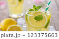 Refreshing homemade lemonade with ice cubes, lemon slices, and mint, served in a tall glass with a striped straw, bright spring aesthetic, ultra-detailed, close-up 123375663