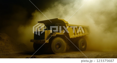 Heavy Duty Mining Truck in Dusty Golden Haze at Night ai generative Heavy Duty Mining Truck in Dusty Golden Haze at Night ai generative 123375687