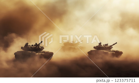 Military Tanks in Action Dramatic Battlefield Scene with Dust Clouds ai generative 123375711