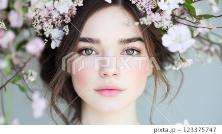 Ethereal Portrait of Woman with Floral Crown and Soft Blossoms ai generative Ethereal Portrait of Woman with Floral Crown and Soft Blossoms ai generative 123375747