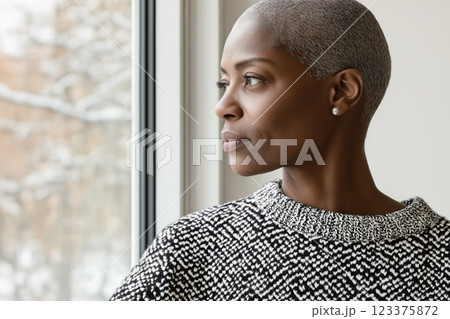 Pensive Woman Looking Out Window During Winter ai generative Pensive Woman Looking Out Window During Winter ai generative 123375872
