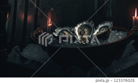Luxurious Oysters on Ice Adorned by Candlelight in a Dark Elegance Setting ai generative ai generative 123376028