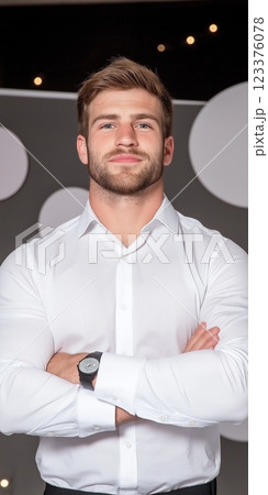 Confident Businessman in White Shirt with Crossed Arms Against Abstract Background ai generative ai generative 123376078