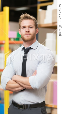 Confident Young Professional with Arms Crossed in Warehouse Setting ai generative ai generative 123376079