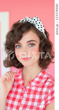Young Woman with Polka Dot Headband and Gingham Shirt Smiling in Pink Room ai generative ai generative 123376080