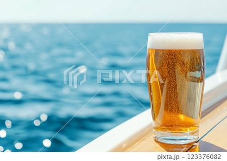 Refreshing Beer Pint on Sunlit Boat Deck with Ocean View ai generative ai generative 123376082