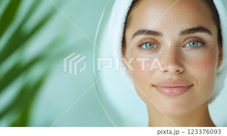 Natural Beauty Portrait of Relaxed Woman with Clear Skin and Towel Wrapped Hair ai generative ai generative 123376093