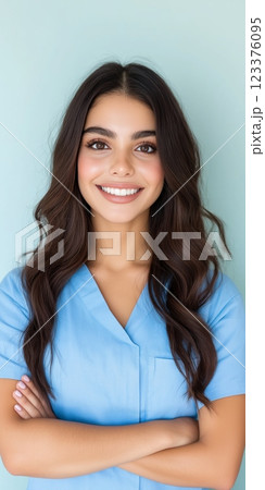 Confident Female Nurse Smiling in Blue Scrubs Against a Soft Green Background ai generative ai generative 123376095