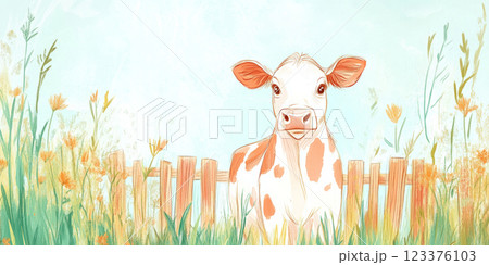 Cute Cow in Meadow with Flowers and Fence on a Sunny Day ai generative ai generative 123376103