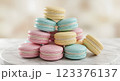 Elegant French macarons in pastel colors, stacked in a pyramid on a marble plate, with soft bokeh background, ultra-detailed, high-resolution close-up shot 123376137