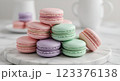 Elegant French macarons in pastel colors, stacked in a pyramid on a marble plate, with soft bokeh background, ultra-detailed, high-resolution close-up shot 123376138