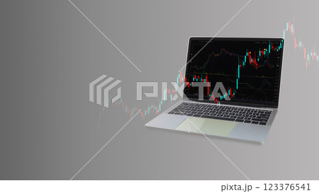 Financial stock market graph on the computer screen on dark background, Stock graphs and various indicators on the computer screen on a black background, Stock trading, Finance exchange, Investment. 123376541