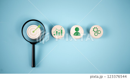Goal and target, Business goals and objective concepts, Success and business target concept, Project management, Company strategy, Magnifying glass focus to target objective with icon action plan. 123376544