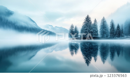 serene lake reflecting misty mountains and frosted trees in muted colors 123376563