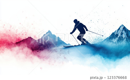 skier carving through powdery snow against backdrop of colorful mountains creates dynamic winter scene. vibrant hues of red and blue enhance exhilarating atmosphere 123376668