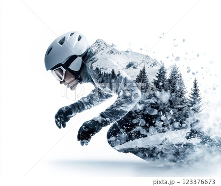 speed skater racing across ice, surrounded by double exposure of snowy mountains and trees, creates dynamic and energetic scene 123376673