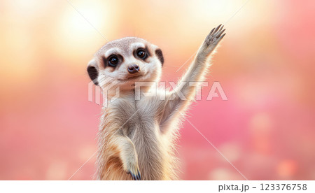 Meerkat waving playfully in colorful habitat, showcasing its charm 123376758