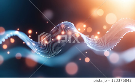 Dynamic wave pattern with glowing lights and soft bokeh effects creates sense of movement and energy. This artistic representation evokes feelings of creativity and innovation 123376842