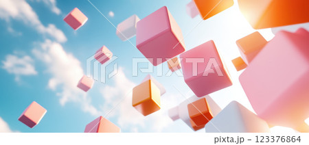 Floating colorful cubes against bright sky create whimsical atmosphere, evoking feelings of joy and creativity. vibrant colors enhance playful scene 123376864