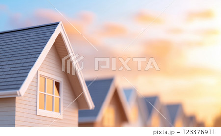 row of houses at sunset with glowing windows creates warm and inviting atmosphere. soft light enhances architectural details, making it picturesque scene 123376911