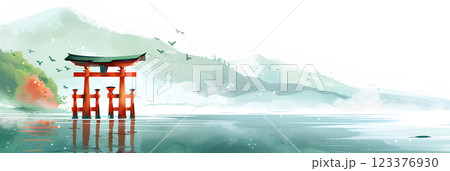 世界遺産　宮島　厳島神社の赤い鳥居 123376930