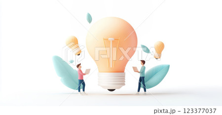 Unique illustration of collaborative brainstorming with glowing bulbs and leaves 123377037