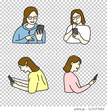 一位女士看著智慧型手機的插畫素材 123377083