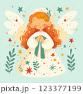 A spring card. Cute little angel girl with wings, in a white cap. 123377199