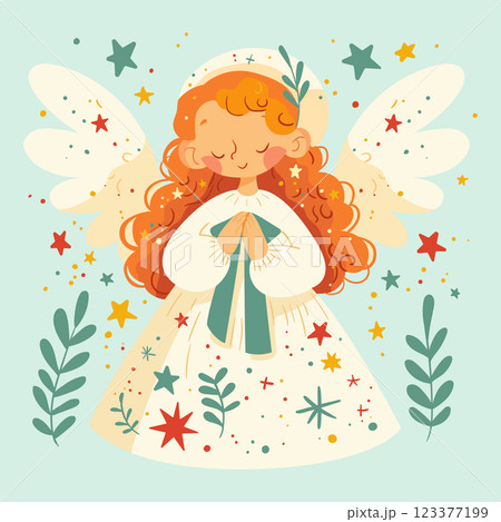 A spring card. Cute little angel girl with wings, in a white cap. A spring card. Cute little angel girl with wings, in a white cap. 123377199