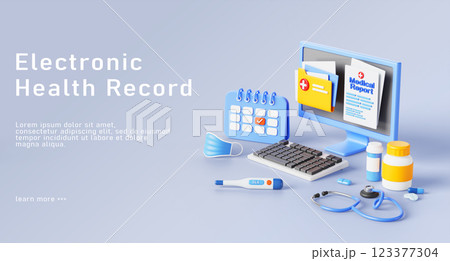 EHR, electronic health record isometric 3d landing page. Patient medical report in digital file, online healthcare data, pc with stethoscope, thermometer and pills, render web banner. 3D illustration 123377304