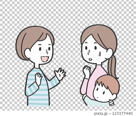 Woman talking to mother with child 123377440