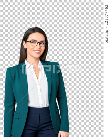 A confident Caucasian woman with medium-length brown hair and glasses, dressed in a dark green business jacket and white blouse. 123377462