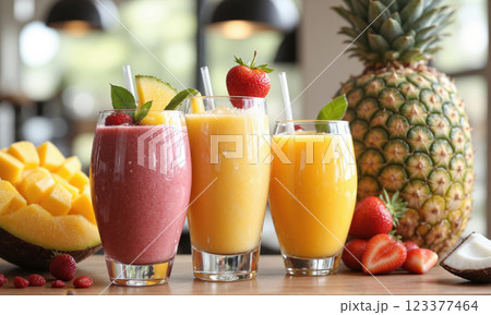 Tropical Fruit Smoothie Bar A colorful selection of fruit smoothies in vibrant glasses, with tropical fruits like mango, pineapple, and coconut in 123377464