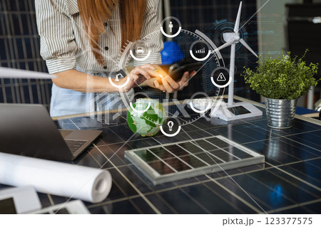 Sustainable development with renewable energy solutions, ecology concept, green business. Sustainable development with renewable energy solutions, ecology concept, green business. 123377575