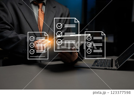 e-signing, digital document management, paperless office , working touch screen tablet. 123377598