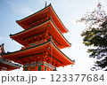 Haiden is hall of worship or oratory. Japanese traditional temple or shrine with golden red roof Japan 123377684