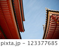 Haiden is hall of worship or oratory. Japanese traditional temple or shrine with golden red roof Japan 123377685