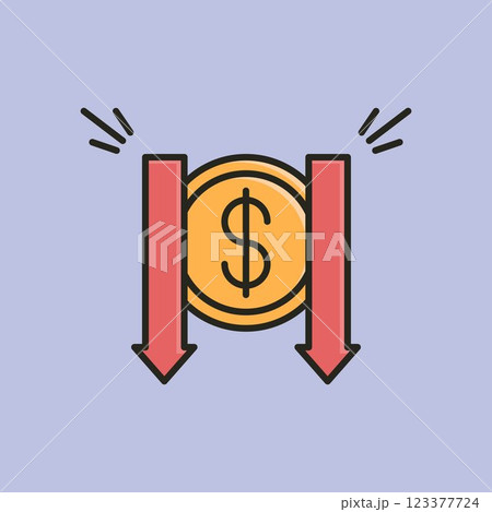 A vector illustration of a gold coin with a dollar sign, flanked by two red downward arrows, symbolizing financial decline, economic loss, or market downturn. A vector illustration of a gold coin with a dollar sign, flanked by two red downward arrows, symbolizing financial decline, economic loss, or market downturn. 123377724