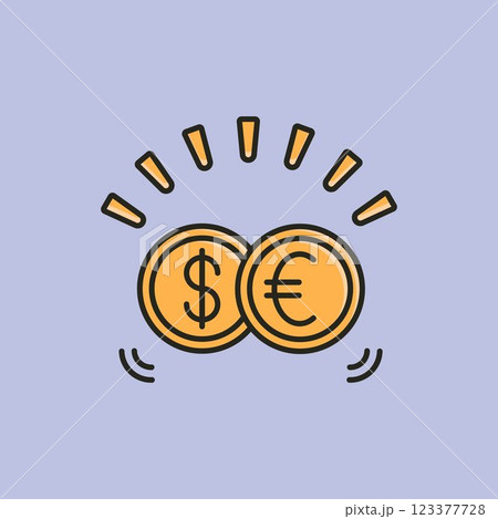 A vector illustration of a gold dollar coin and a gold euro coin side by side, symbolizing international finance, currency exchange, and global economy. 123377728