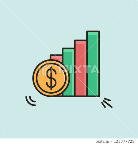 A vector illustration of a rising bar chart with green and red bars and a gold dollar coin, representing business growth, financial success, and investment gains. 123377729