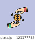 Vector illustration of two hands exchanging a dollar coin, symbolizing financial transactions, digital payments, donations, loans, and business exchanges. Vector illustration of two hands exchanging a dollar coin, symbolizing financial transactions, digital payments, donations, loans, and business exchanges. 123377732