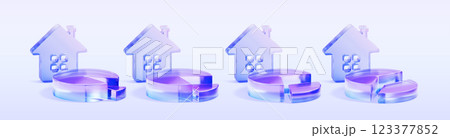 3d set of glass holographic transparent house with pie chart. Home and circle gradient diagram with different percent market share for business infographic, real estate render icon. 3D illustration 123377852