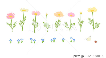 春の花とモンシロチョウとテントウムシのベクターイラストセット 123378033