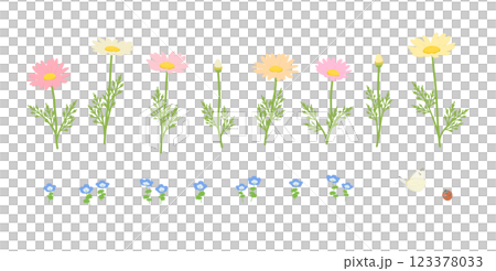 春の花とモンシロチョウとテントウムシのベクターイラストセット 123378033