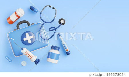 Ambulance service 3d banner. Doctor equipment icon - first aid medicine bag, stethoscope, thermometer, syringe, pill bottles on blue render background. Emergency medical care concept. 3D illustration Ambulance service 3d banner. Doctor equipment icon - first aid medicine bag, stethoscope, thermometer, syringe, pill bottles on blue render background. Emergency medical care concept. 3D illustration 123378034