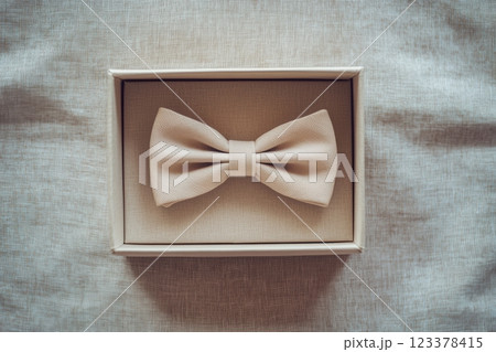 Elegant Beige Bow Tie in Box on Textured Background for Classic Gift or Fashion Display 123378415