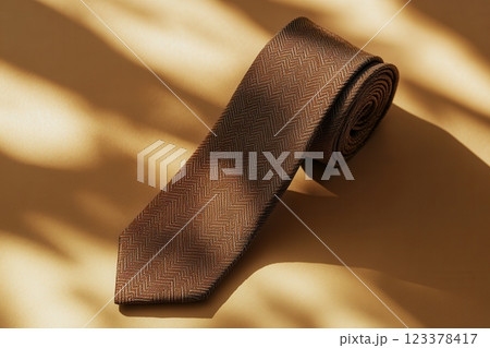Elegant Brown Necktie with Herringbone Pattern on Stylish Beige Background 123378417